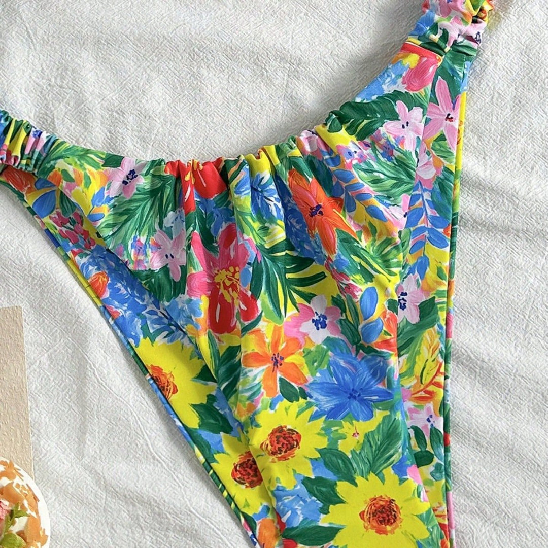 Damen Hauchdünner Floral-Bikini mit elastischen Rüschen Drune