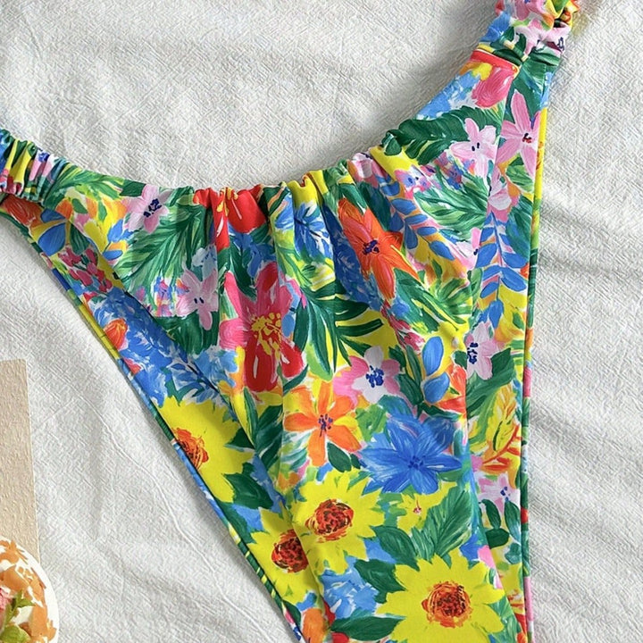Damen Hauchdünner Floral-Bikini mit elastischen Rüschen Drune
