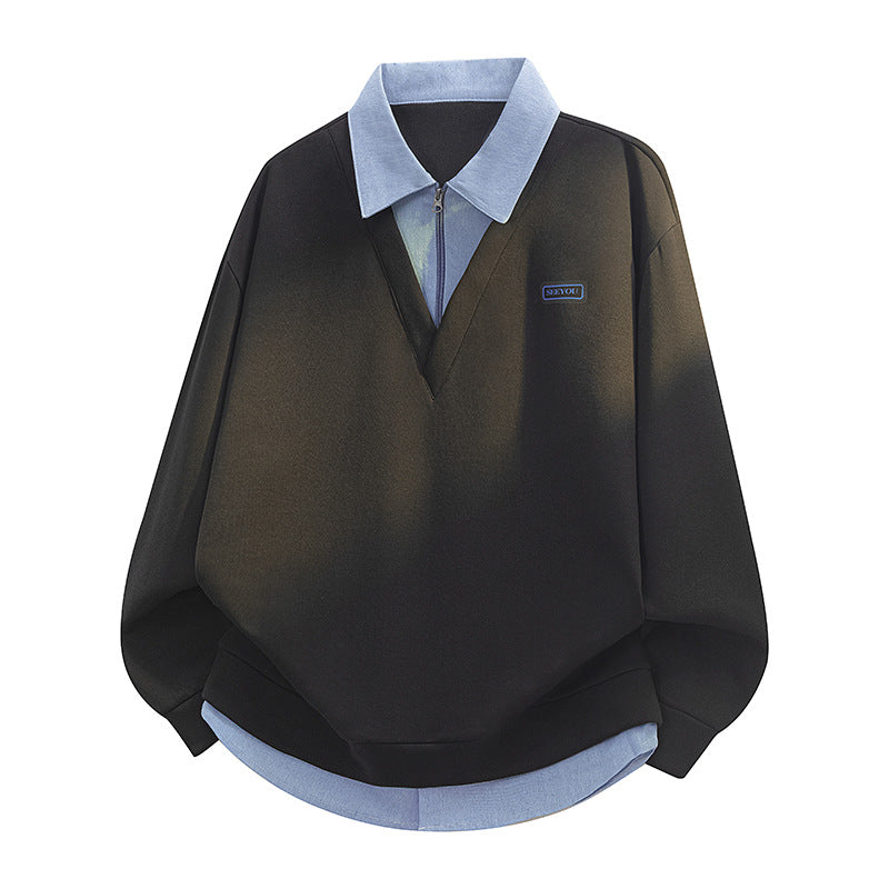 Unisex Lagenlook Sweatshirt mit Hemdkragen und V-Ausschnitt Drune