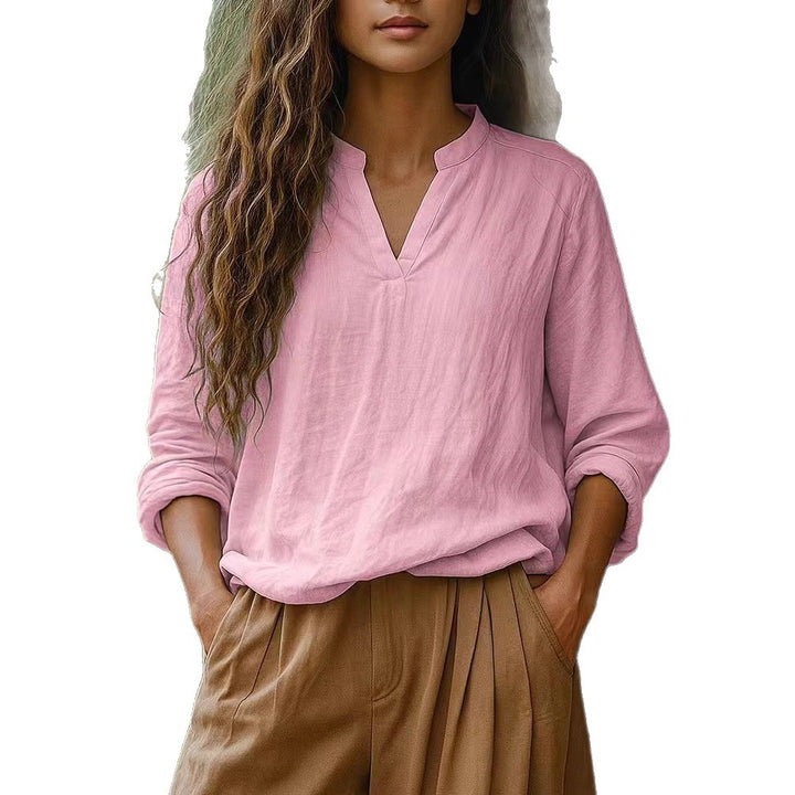 Damen Casual Tunika-Bluse in Leinenoptik mit kleinem Stehkragen und V‑Schlitz Drune