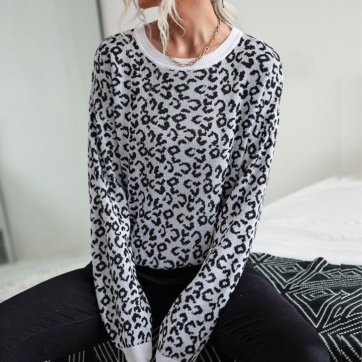 Damen Leichter Strukturstrick-Pullover mit Leoparden-Jacquard und geripptem Rundhalsausschnitt Drune