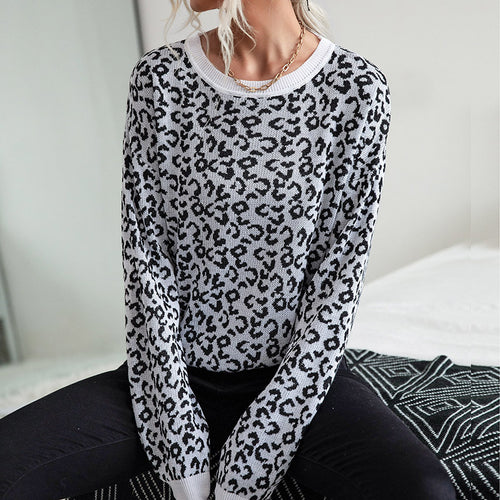 Damen Leichter Strukturstrick-Pullover mit Leoparden-Jacquard und geripptem Rundhalsausschnitt Drune