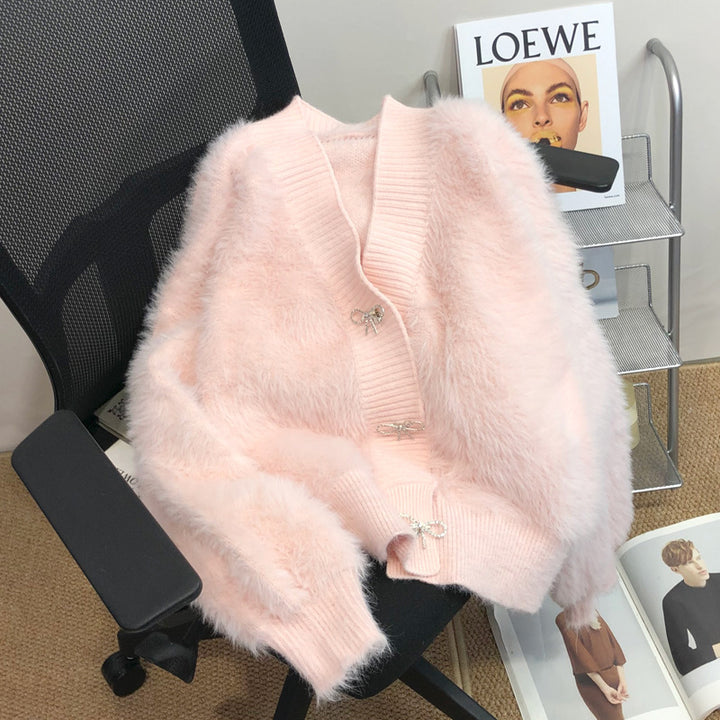 Damen Flauschiger Cardigan mit eleganter Knopfverzierung Drune