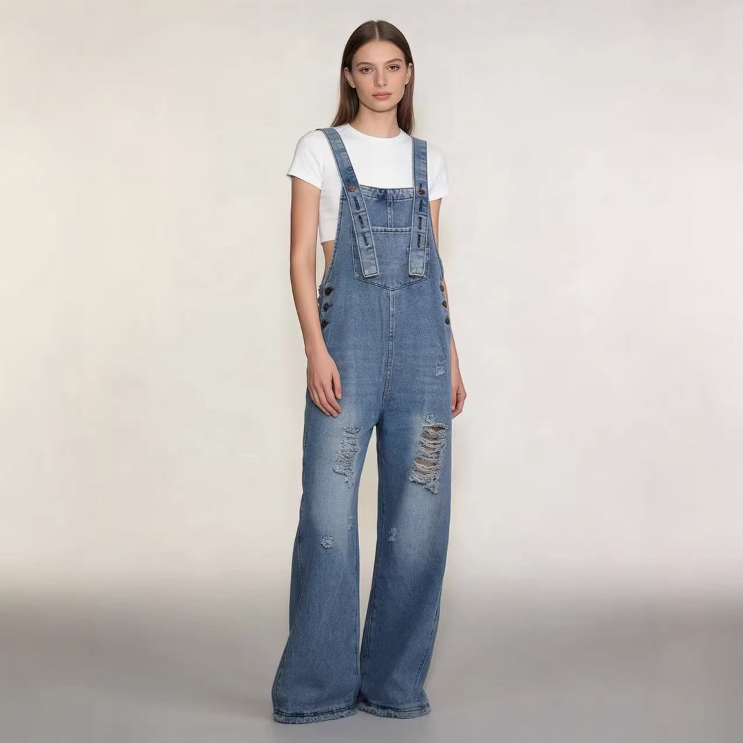 Damen nan moderne Baggy-Latzhose aus pigmentgefärbtem Stretch-Denim mit verstellbaren Trägern und sichtbaren Rissen Drune