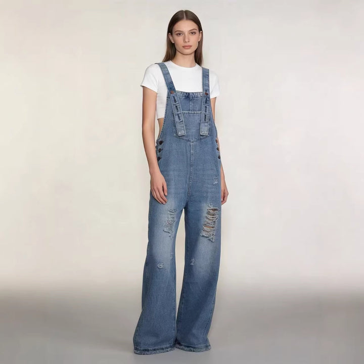 Damen nan moderne Baggy-Latzhose aus pigmentgefärbtem Stretch-Denim mit verstellbaren Trägern und sichtbaren Rissen Drune