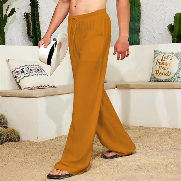 Herren weite Leinenhose mit Tunnelzug, aufgesetzten Seitentaschen und Relaxed-Fit Drune