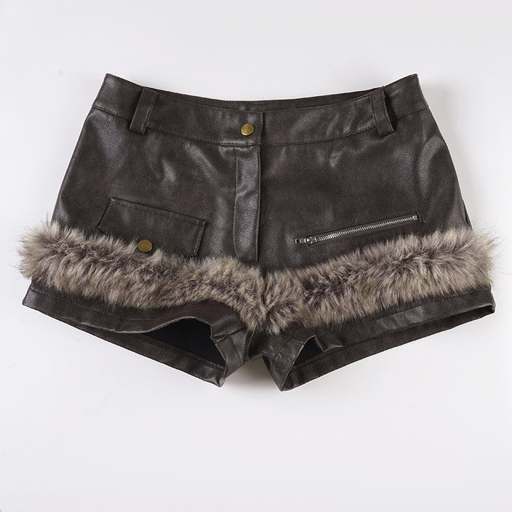Damen Kunstleder-Shorts mit dekorativen Knopfdetails Drune