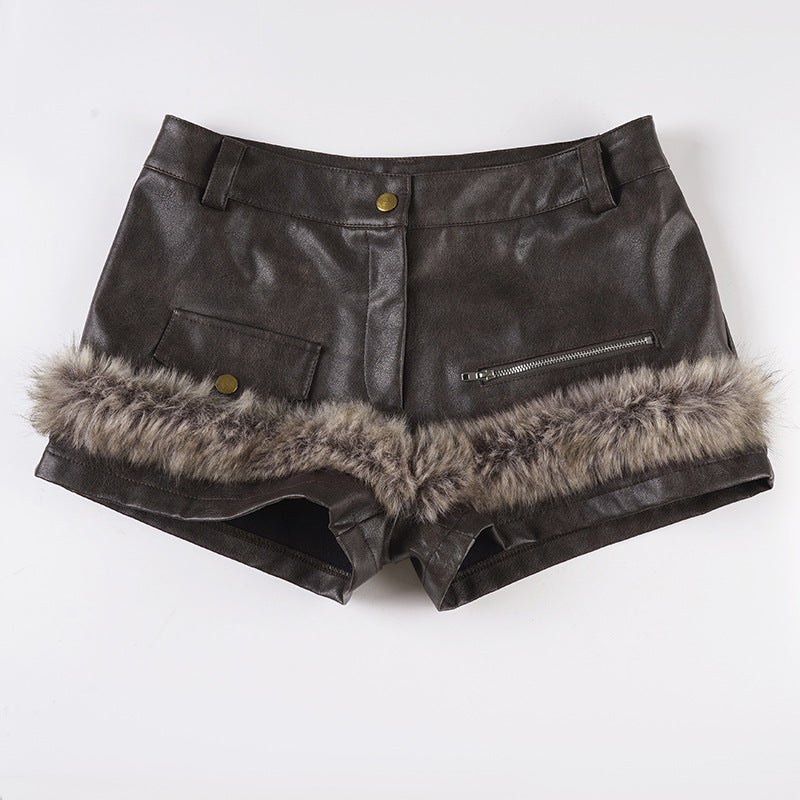 Damen Kunstleder-Shorts mit dekorativen Knopfdetails Drune