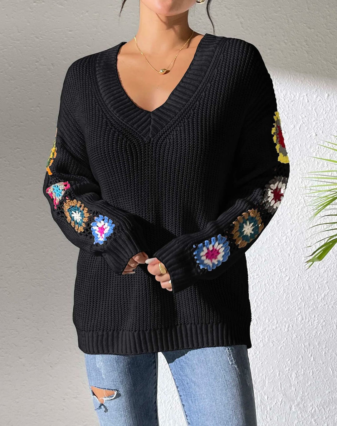 Damen Modischer Strickpullover mit V-Ausschnitt und bunten Stickereien