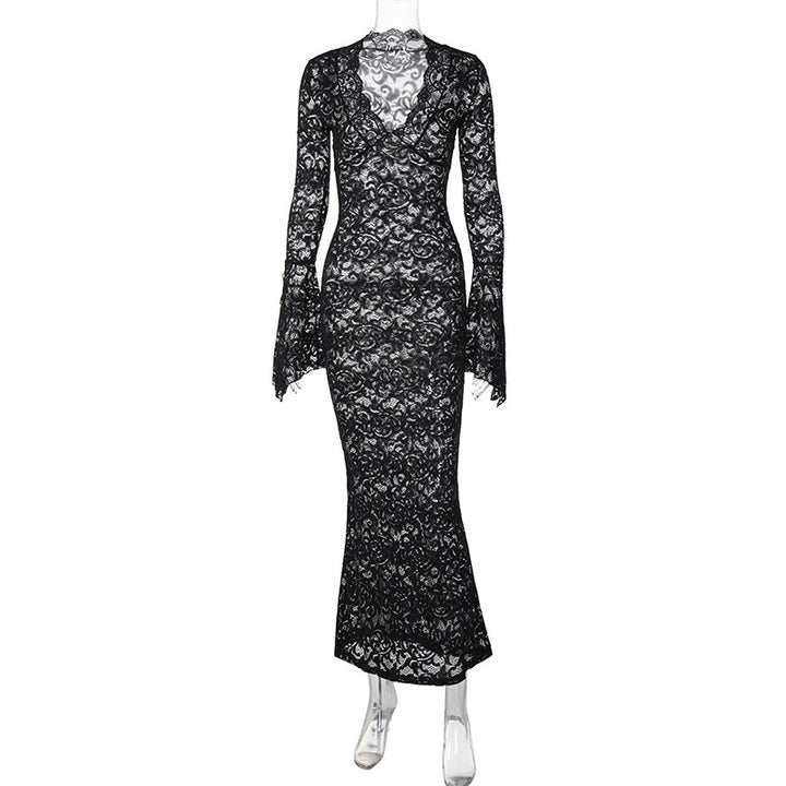 Damen Figurbetontes Spitzenkleid mit tiefem V-Ausschnitt und nostalgischen Puffärmeln Drune