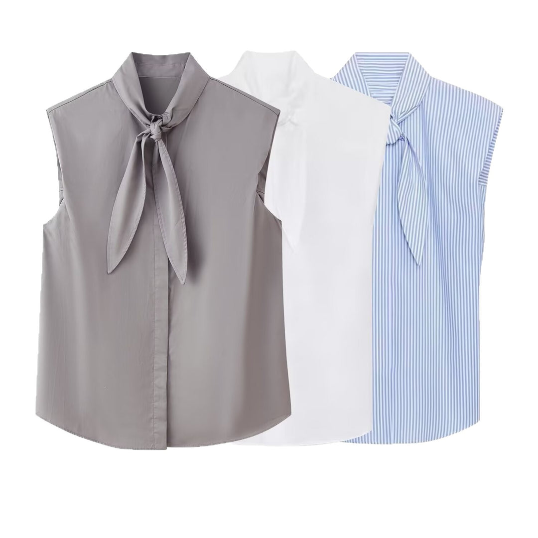 Damen Ärmellose Popeline-Bluse mit Schluppenkragen und Nadelstreifen Drune