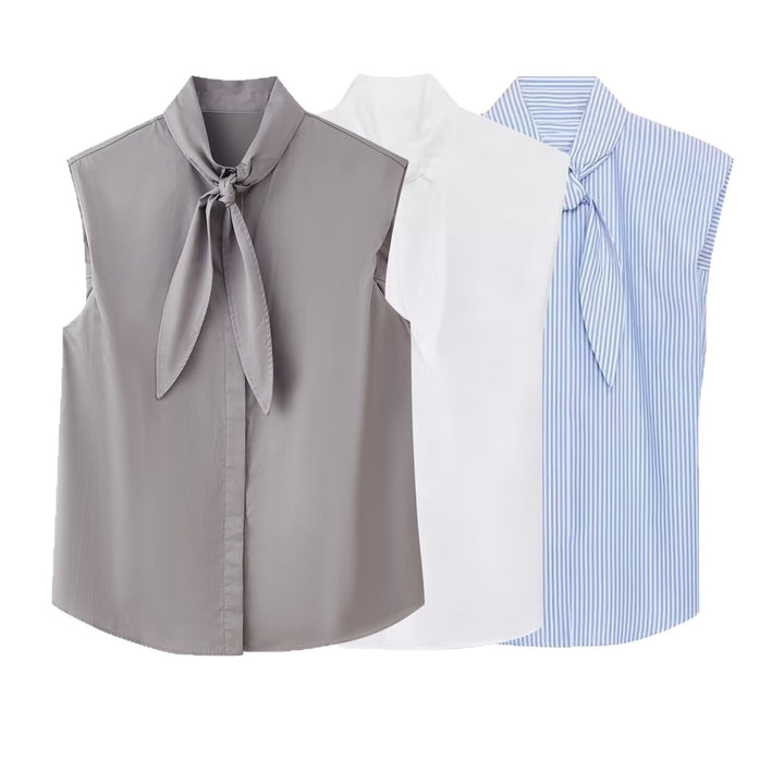 Damen Ärmellose Popeline-Bluse mit Schluppenkragen und Nadelstreifen Drune
