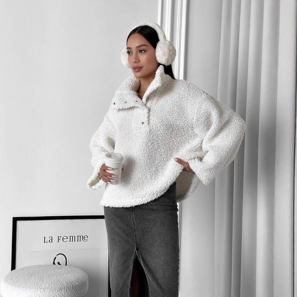 Damen Oversized Teddy-Pullover mit halber Druckknopfleiste und Stehkragen Drune