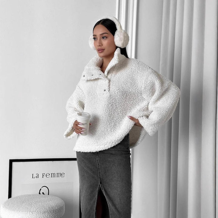 Damen Oversized Teddy-Pullover mit halber Druckknopfleiste und Stehkragen Drune
