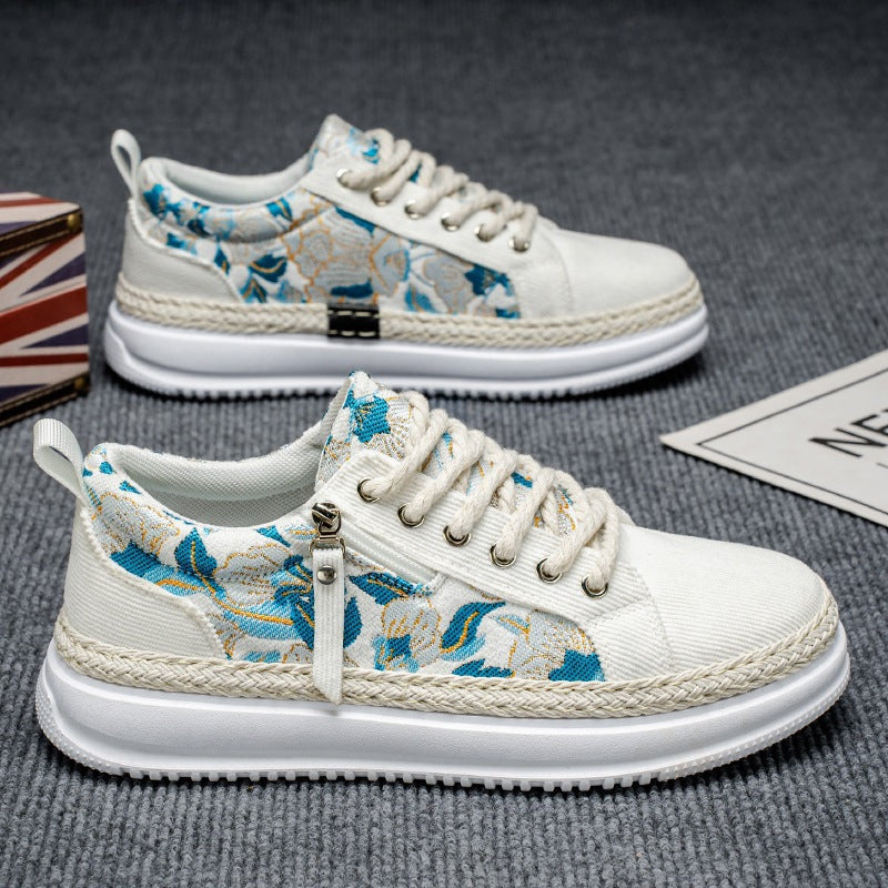 Damen gestickte Espadrille-Plateau-Sneaker mit floralem Jacquard, geflochtener Kordelsohle und gepolstertem Innenfutter Drune