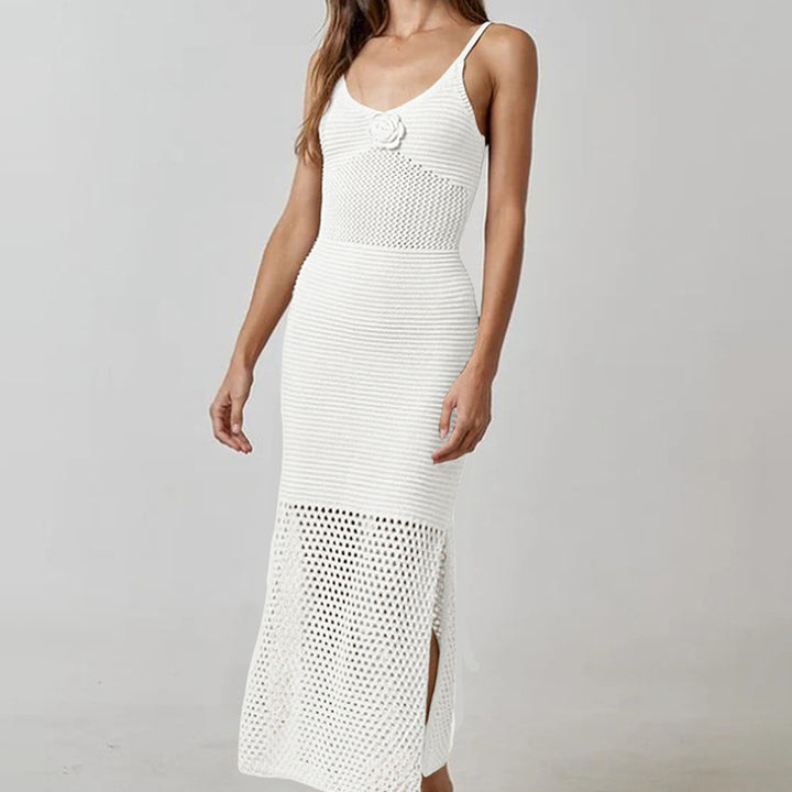 Damen Häkel-Strandkleid mit durchbrochenem Design und tiefem Schlitz Drune