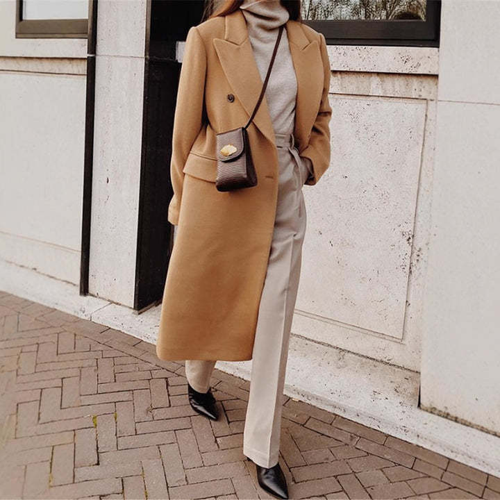Frauen Doppelreiher Wollmischung Mantel mit oversized Schnitt und breiten Revers Drune