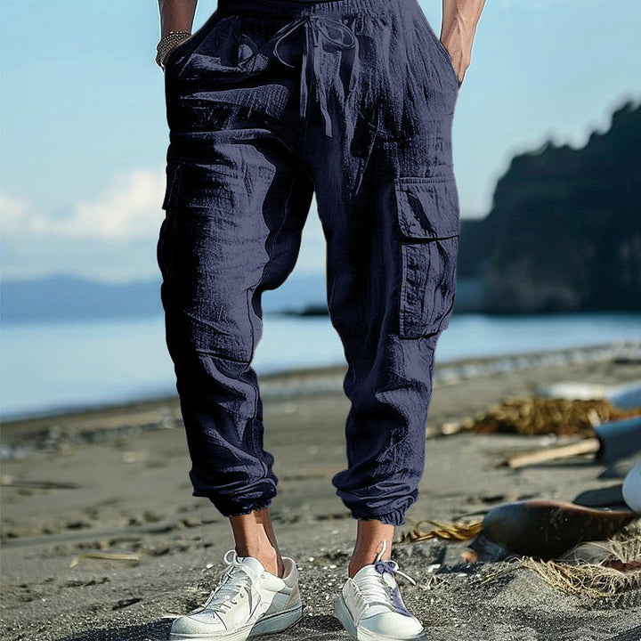 Herren nan lässige Leinen-Cargo-Jogger mit Kordelbund, großen Klapptaschen und elastischem Knöchelabschluss Drune