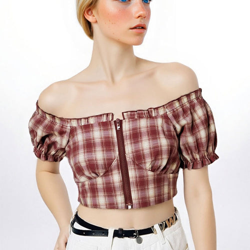 Damen Cropped Bluse mit Puffärmeln und Reißverschluss Drune