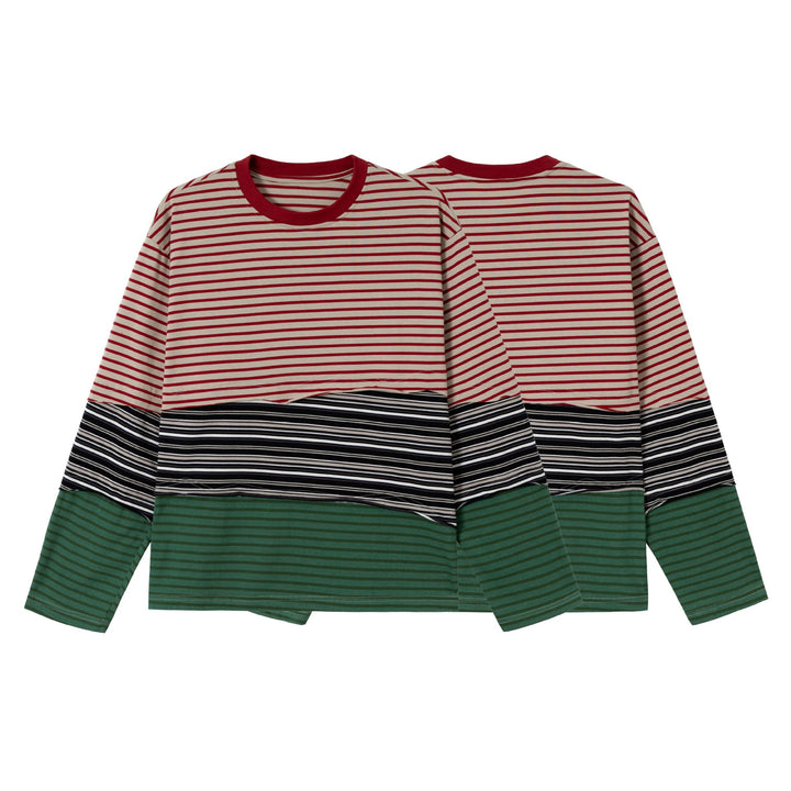 Damen Gestreiftes Langarm-Cropped-Shirt mit Colorblock und Rundhalsausschnitt Drune