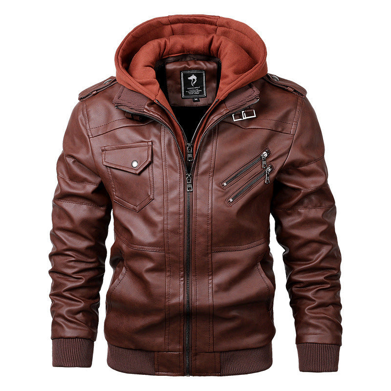 Herren Modische Kunstlederjacke mit Kapuze Drune