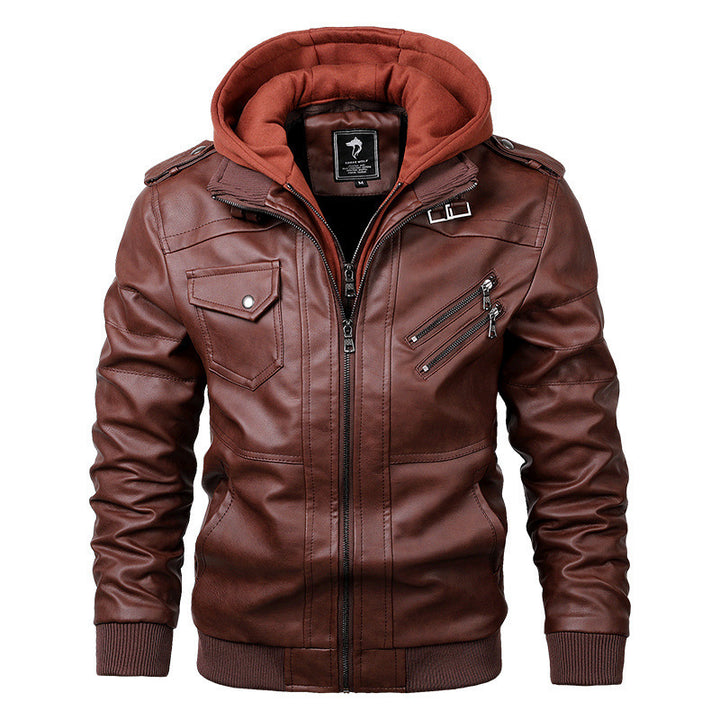 Herren Modische Kunstlederjacke mit Kapuze Drune