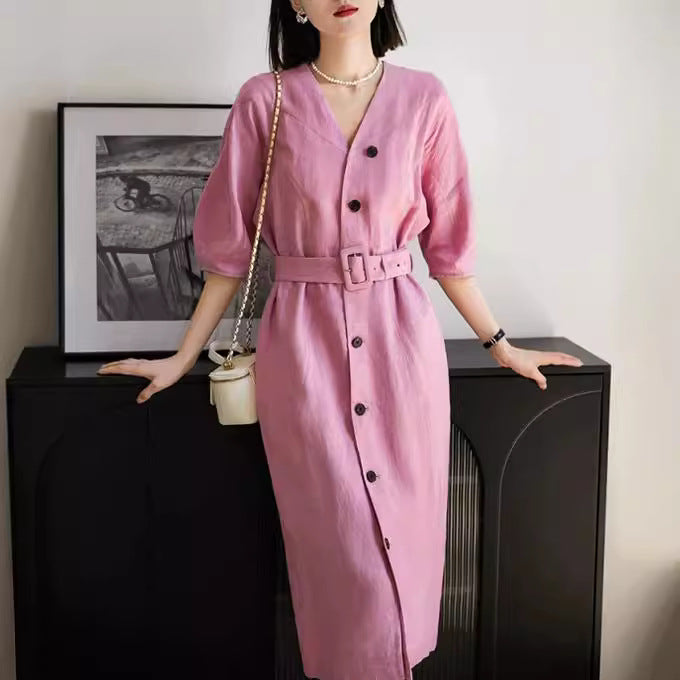 Damen Elegantes Midi-Kleid mit Gürtel Drune