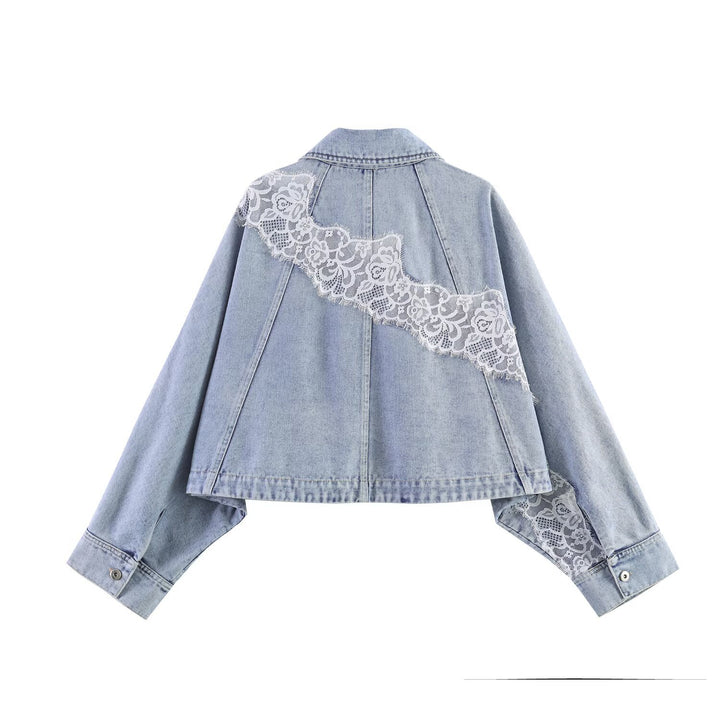 Damen Kurz geschnittene Jeansjacke mit Spitzenapplikation und Oversize-Kimonärmeln Drune