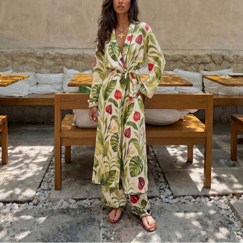 Damen Langer Kimono-Mantel mit Taillengürtel und weiter Palazzo-Hose im Tropenprint Drune