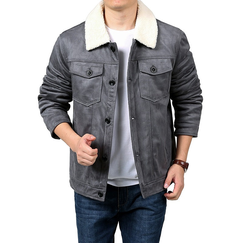 Herren Velourslederoptik Hemdjacke im Trucker‑Stil mit Teddykragen & Pattentaschen Drune