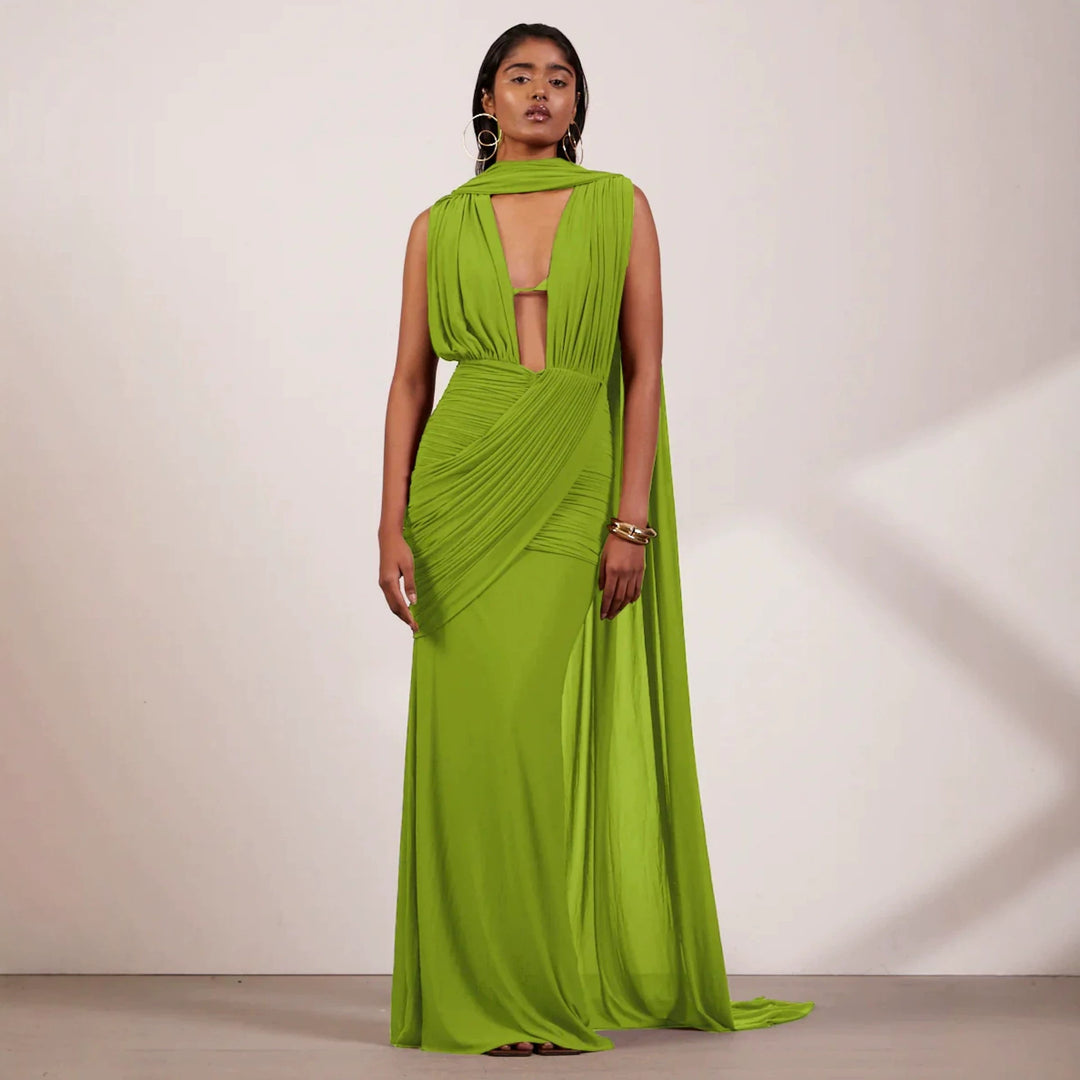 Damen bodenlanges Wickelkleid mit raffinierten Drapierungsdetails und elegantem V-Ausschnitt Drune