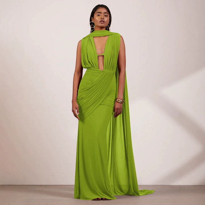 Damen bodenlanges Wickelkleid mit raffinierten Drapierungsdetails und elegantem V-Ausschnitt Drune
