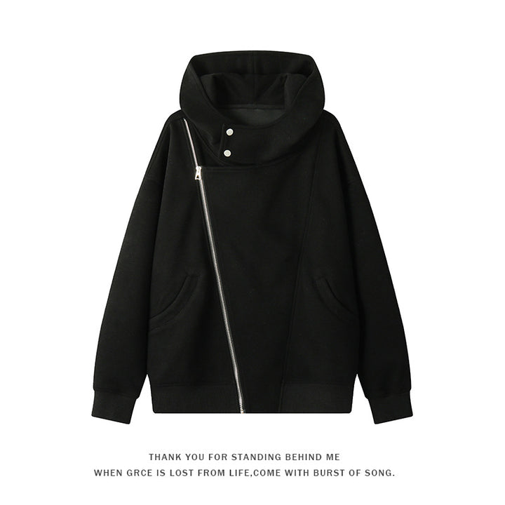 Damen nan asymmetrischer Kapuzenpullover mit hohem Kragen, diagonalem Reißverschluss und Kängurutaschen Drune