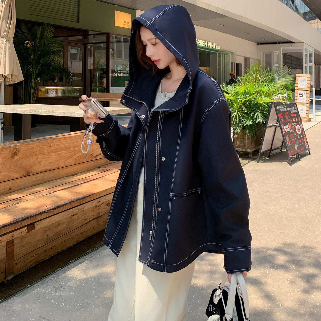 Damen Oversize-Übergangsjacke mit weitem Matrosenkragen und Kontrastnähten Drune