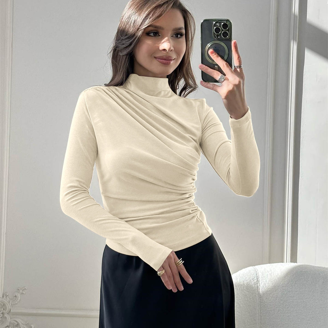 Damen Fitted Langarmshirt mit Stehkragen und seitlicher Raffung Drune