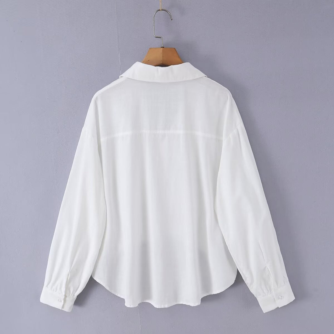 Damen Weite Bluse mit V‑Ausschnitt, Hemdkragen und gerafftem Hoch-Tief-Saum Drune