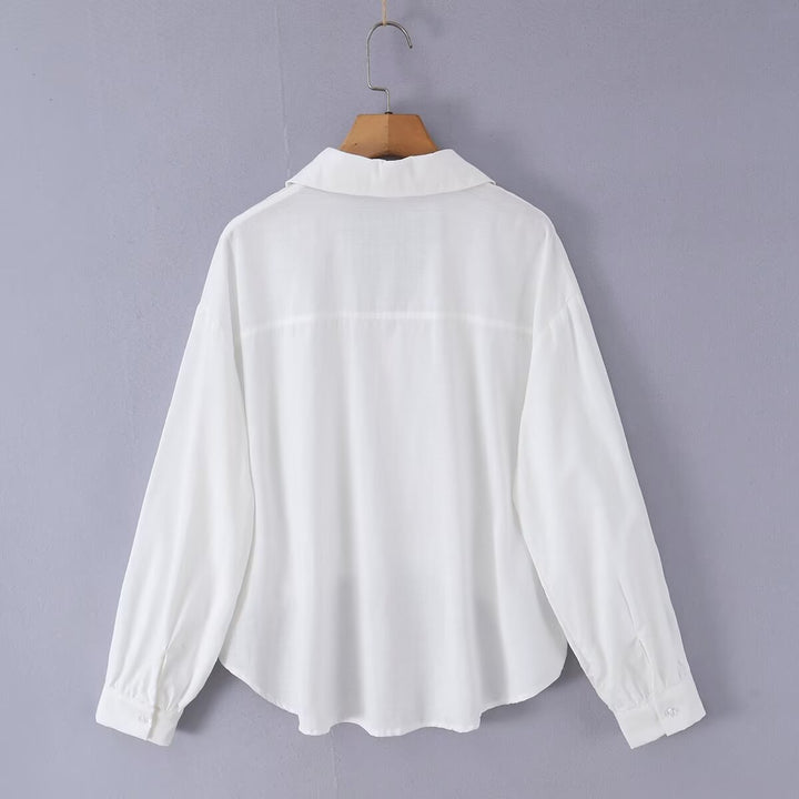Damen Weite Bluse mit V‑Ausschnitt, Hemdkragen und gerafftem Hoch-Tief-Saum Drune