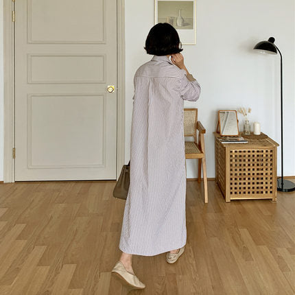 Damen Zweiteilig wirkendes Hemdkleid im Lagenlook mit Streifenpassé, kontrastiertem Rockteil und seitlichem Schlitz Drune