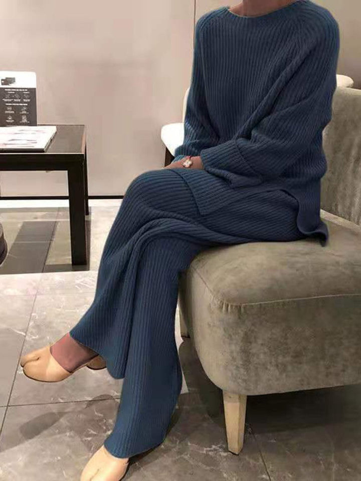 Damen modisches Strickensemble mit lässigem Pullover und weitem Hosenabschluss Drune