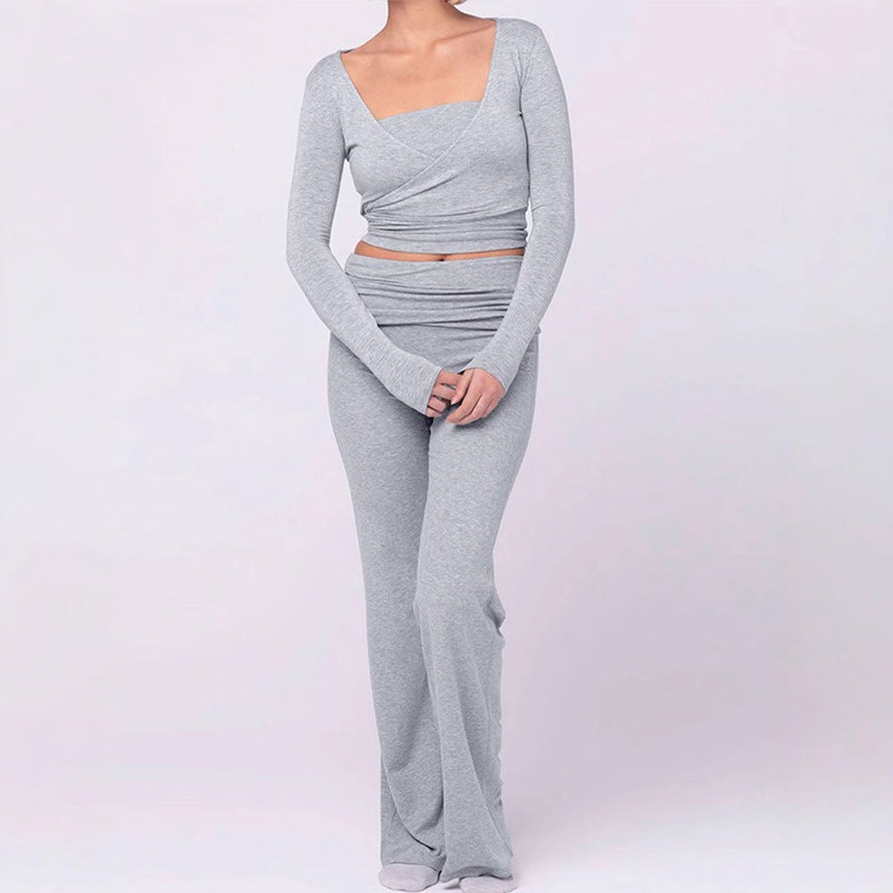 Damen modisches Two-Piece Set mit Wickeloberteil und Schlaghose Drune