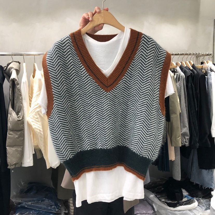 Damen Strickweste mit V-Ausschnitt und Chevron-Muster Drune