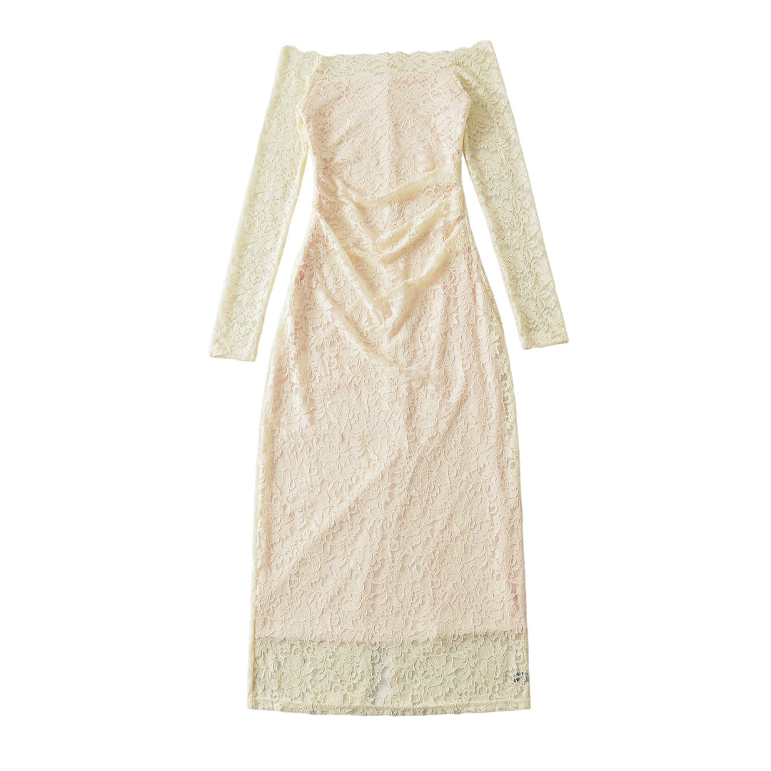 Damen Schulterfreies Spitzenkleid mit Taillenraffung und Langarm Drune