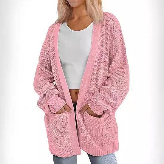 Damen lässige Strickjacke mit weiten Ärmeln und tiefem V-Ausschnitt Drune