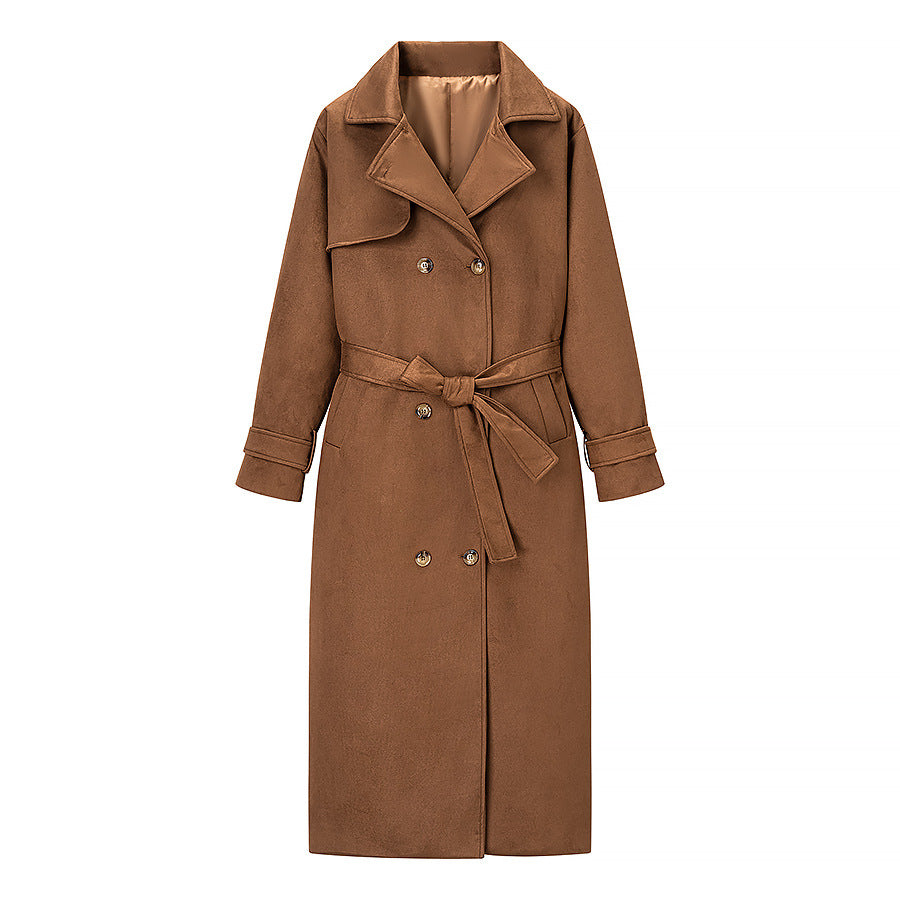 Damen Langer Doppelreihiger Mantel im Trenchcoat‑Stil mit Taillengürtel und Ärmelriegel Drune