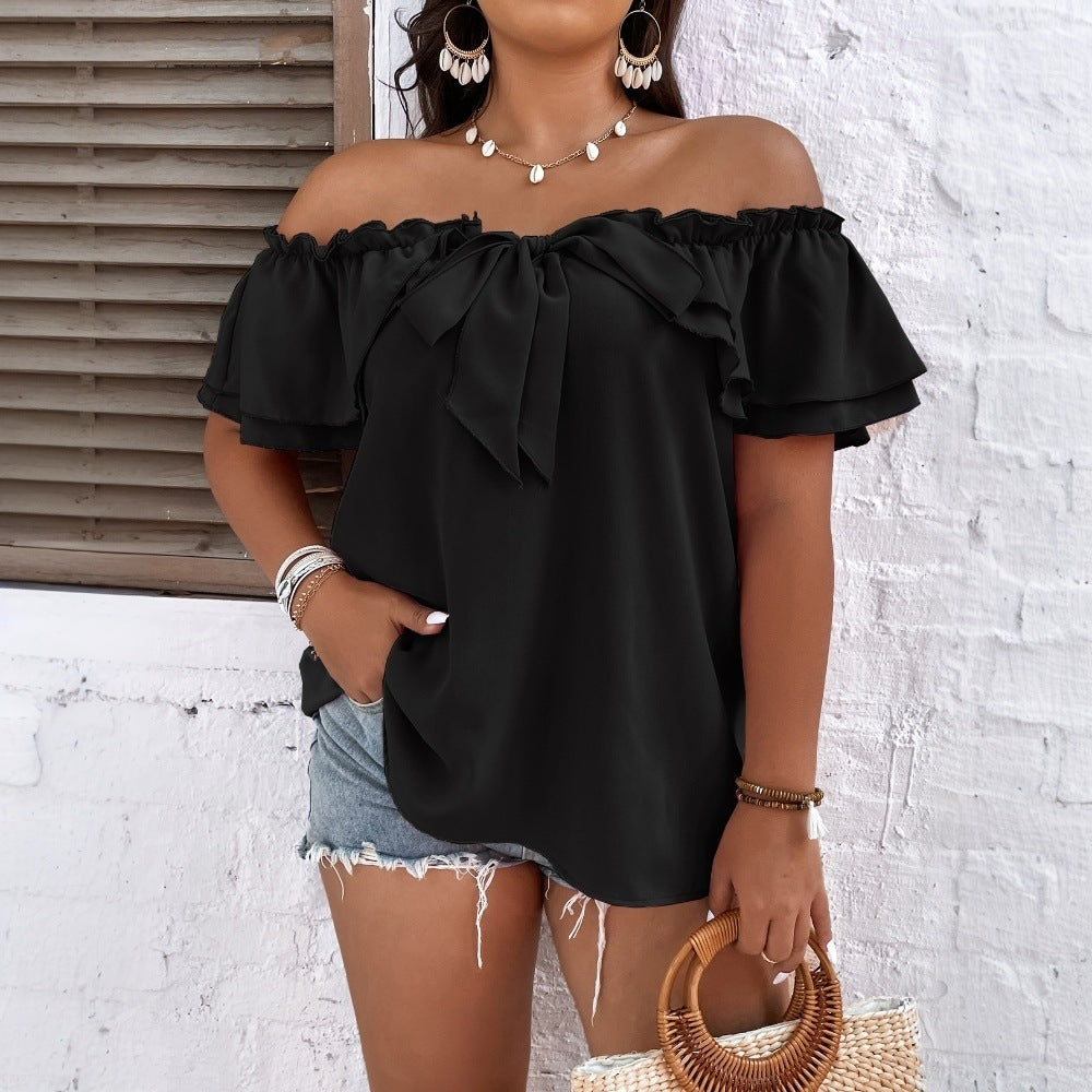 Damen Off-Shoulder Oberteil mit Schleifen-Details und Rüschensäumen Drune