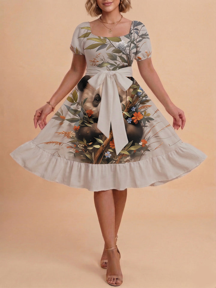 Damen Sommerliches Blumenkleid mit taillierbarem Gürtel und voluminösen Ärmeln Drune