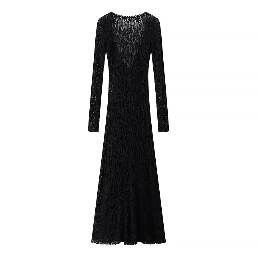 Damen nan figurbetontes Maxikleid aus floraler Spitze mit langer Ärmel und elegantem Rückenausschnitt Drune