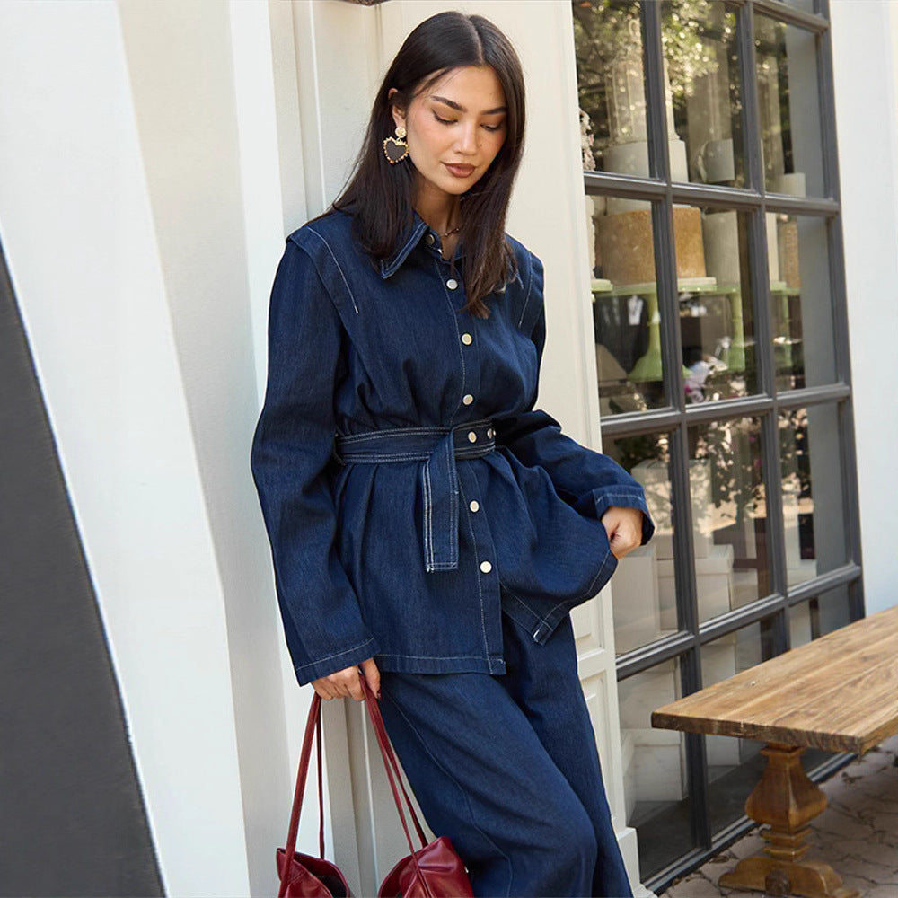 Damen Jeans-Set mit Gürtel und weitem Bein Drune