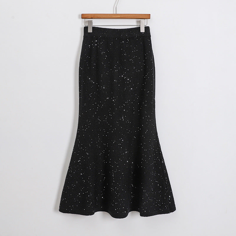 Damen nan figurbetonter gestrickter Midirock mit Glitzerfaser und Trompetensaum Drune