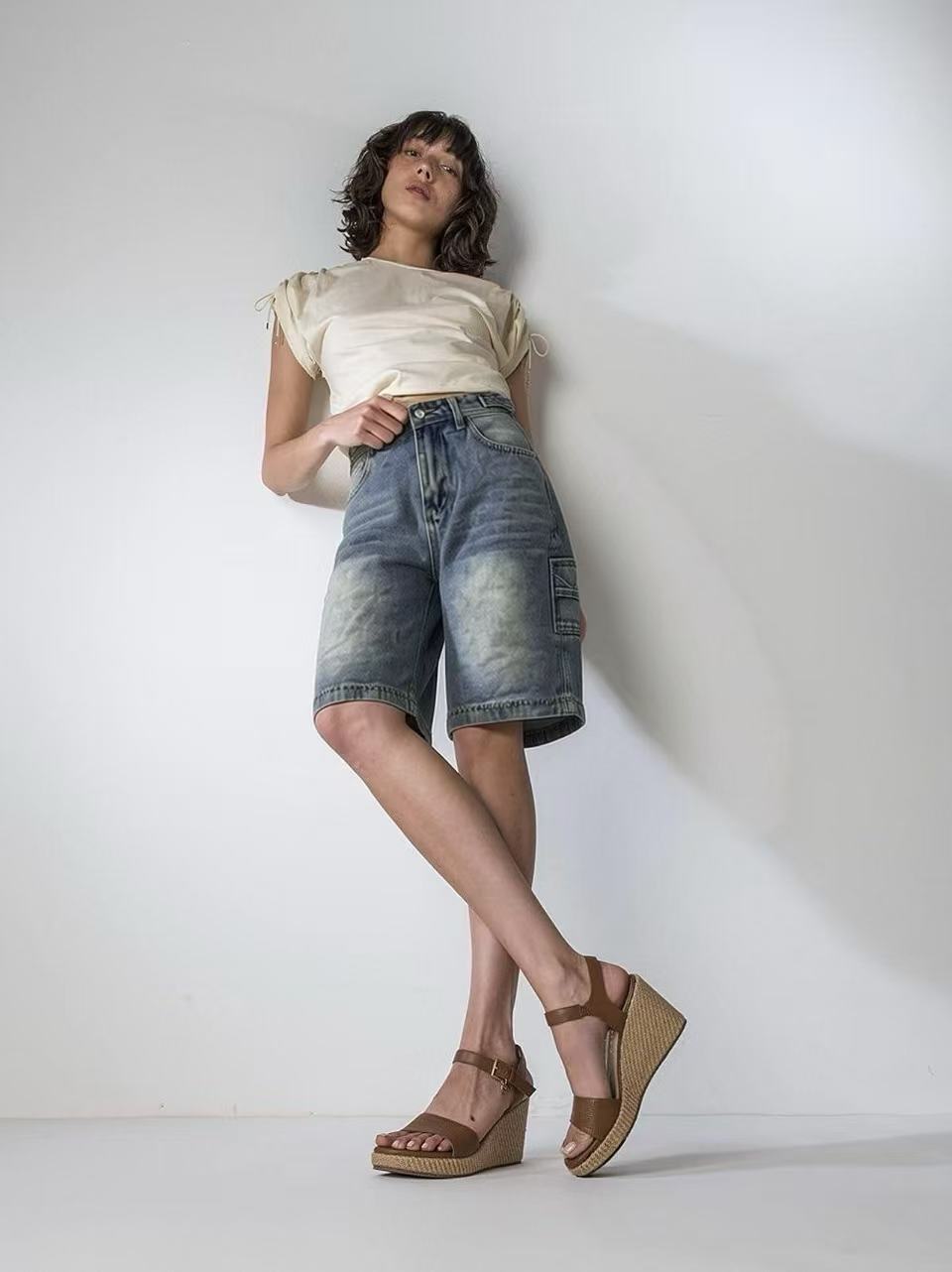 Damen lässige Denim-Shorts mit hohem Bund und weitem Schnitt Drune